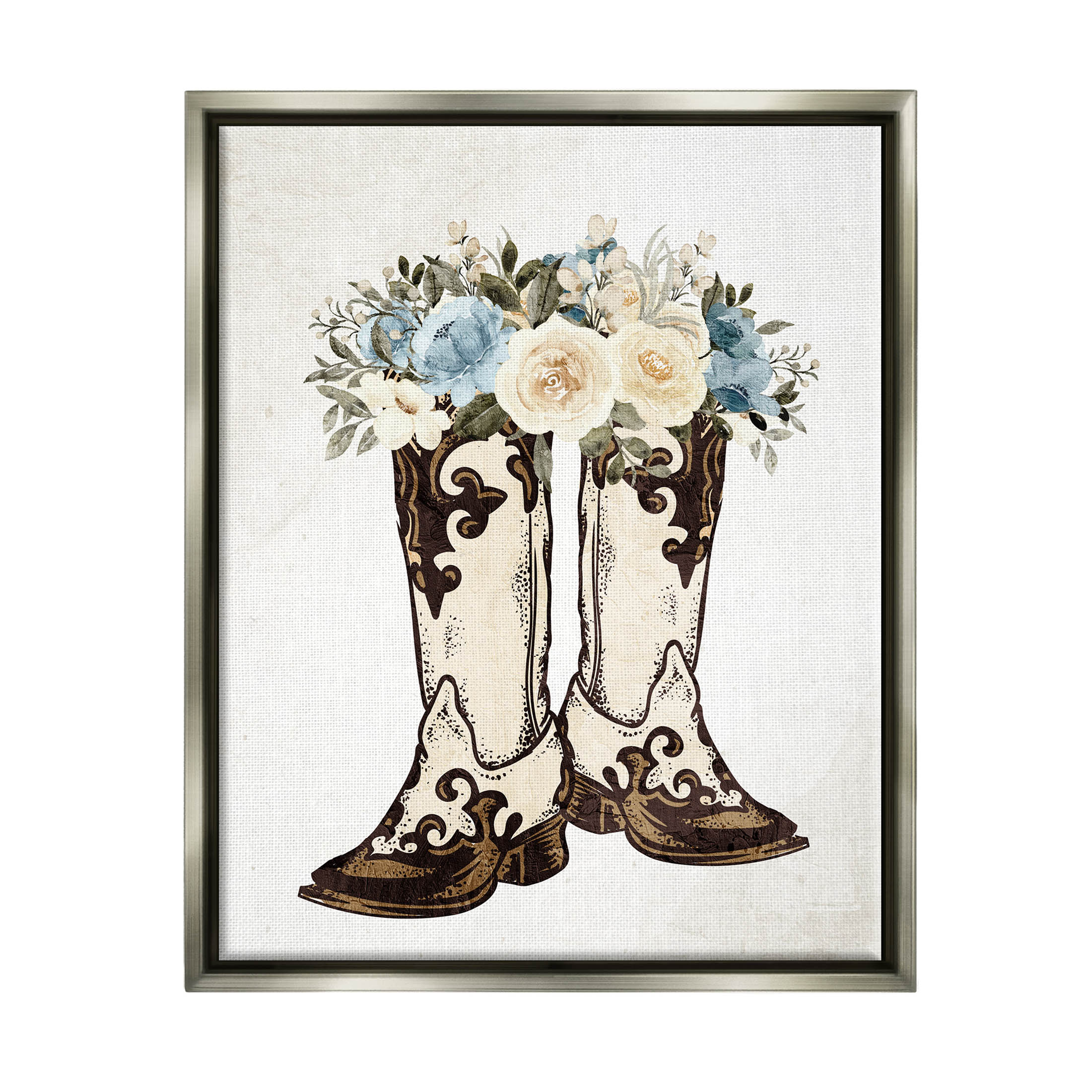 Cowboy Boot Mixed Flower Bouquet Botanical & Floral Graphic Art Luster Gray Framed Art Print Wall Art