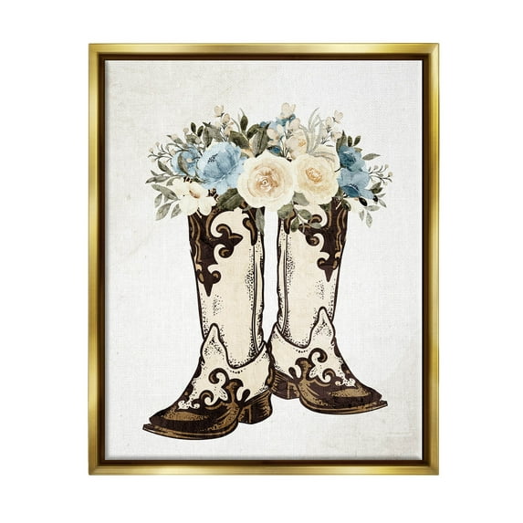 Cowboy Boot Mixed Flower Bouquet Botanical & Floral Graphic Art Metallic Gold Framed Art Print Wall Art