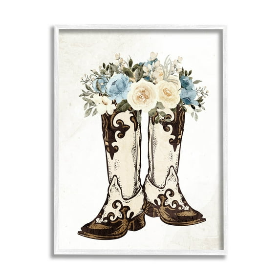 Cowboy Boot Mixed Flower Bouquet Botanical & Floral Graphic Art White Framed Art Print Wall Art