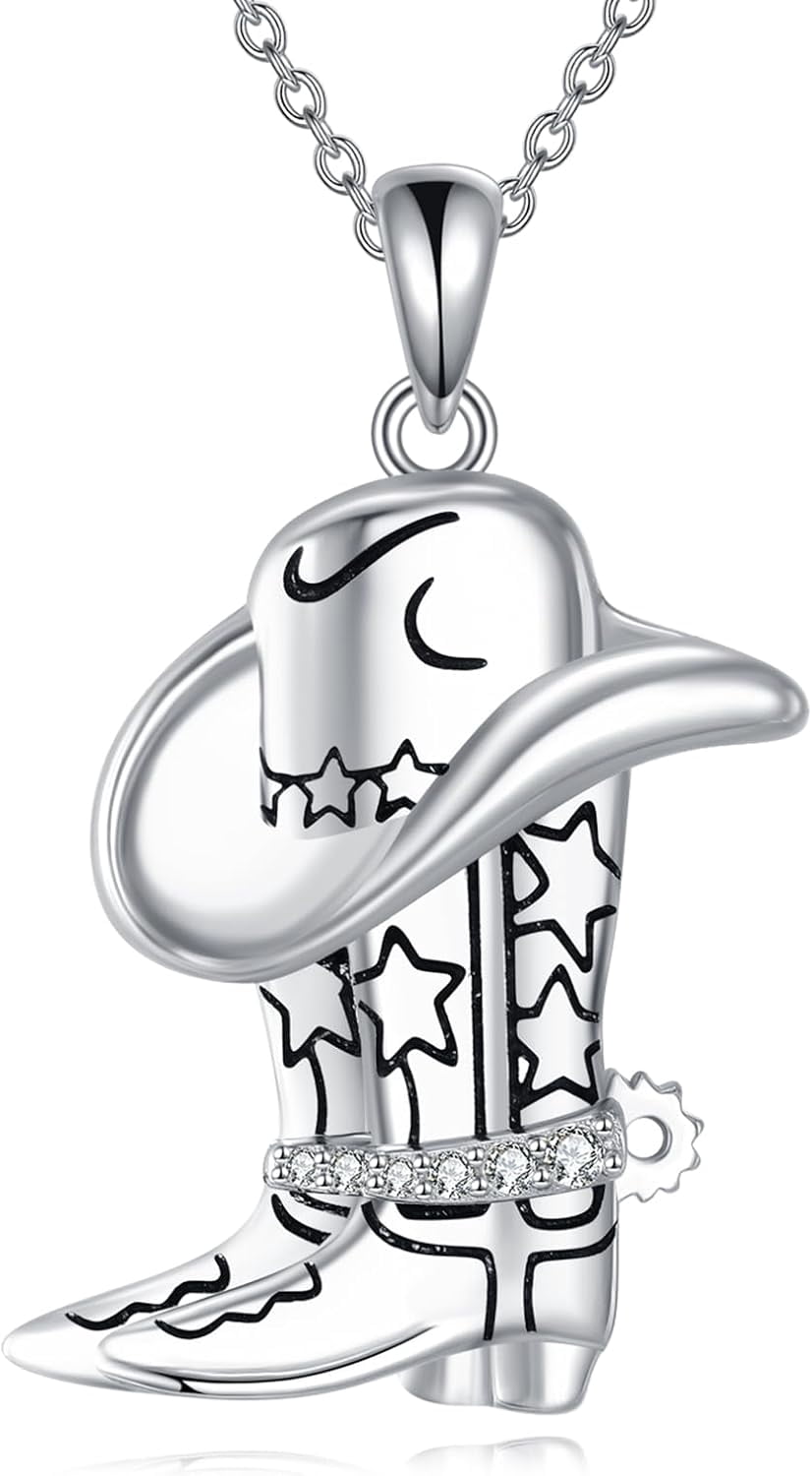 Cowboy Boot Necklace 925 Sterling Silver Cowgirl Hat Pendant Necklaces Western Country Jewelry Equestrian Gift for Women Men Cowboys Cowgirls Horse Lovers