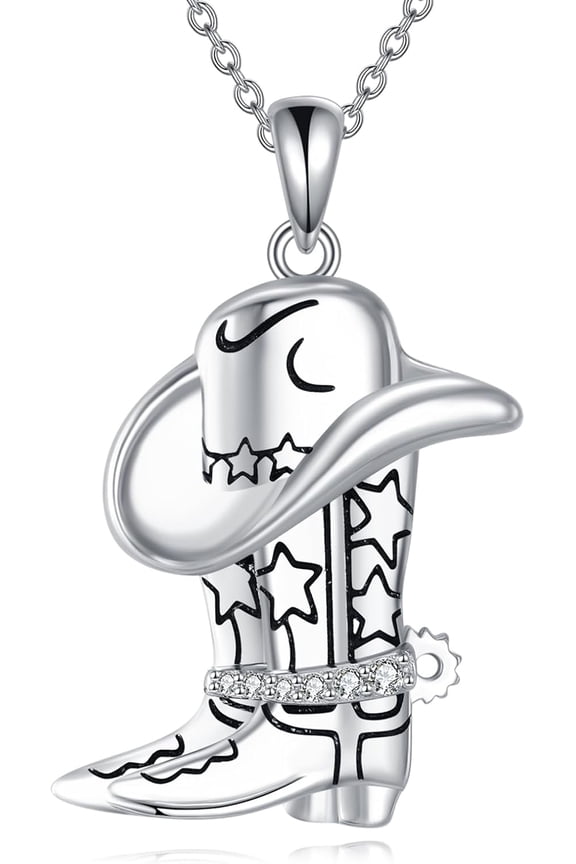 Cowboy Boot Necklace 925 Sterling Silver Cowgirl Hat Pendant Necklaces Western Country Jewelry Equestrian Gift for Women Men Cowboys Cowgirls Horse Lovers