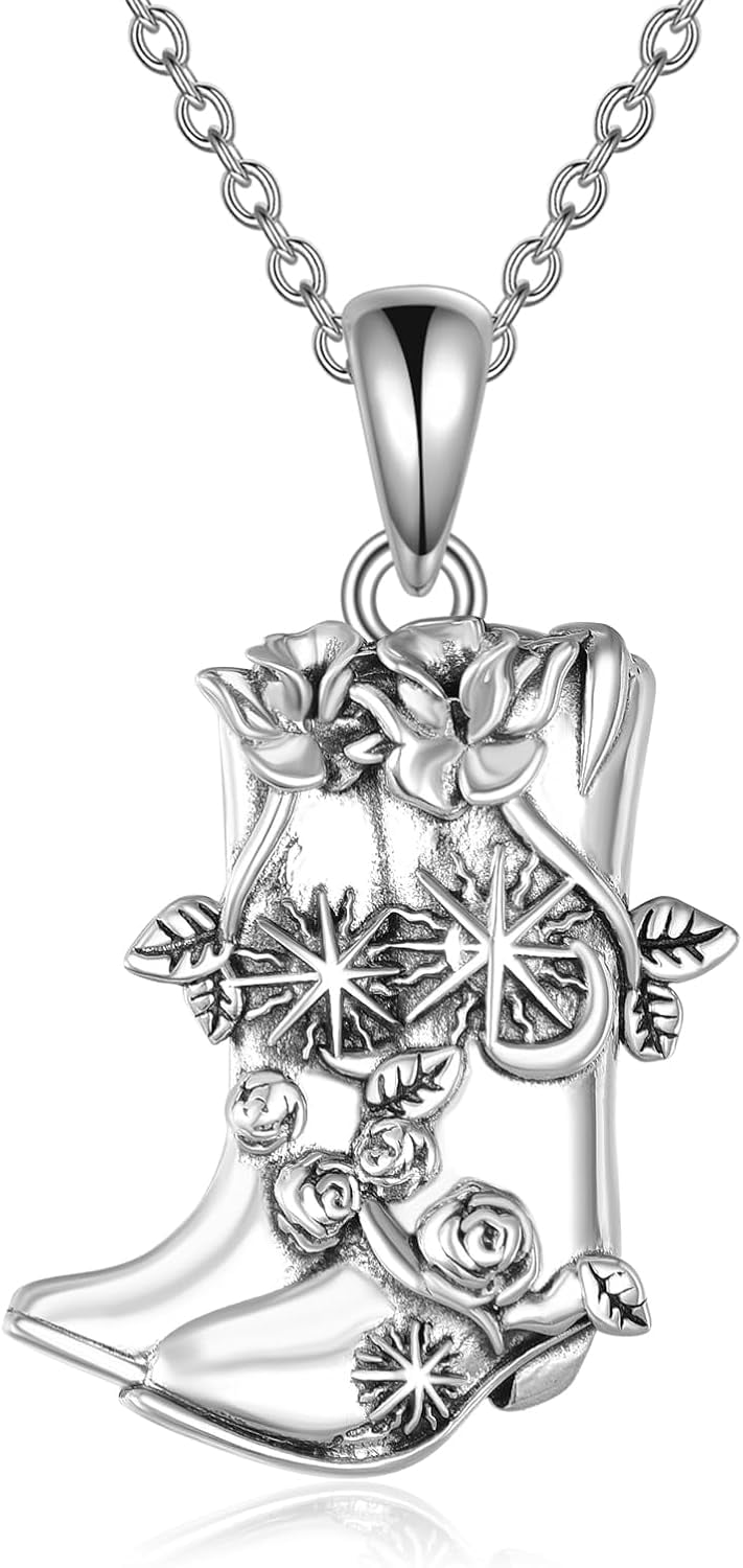 Cowboy Boot Necklace 925 Sterling Silver Western Cowgirl Pendant Necklaces Texas Boot Jewelry Wild West Country Equestrian Gift for Women Cowboys Horse Lover