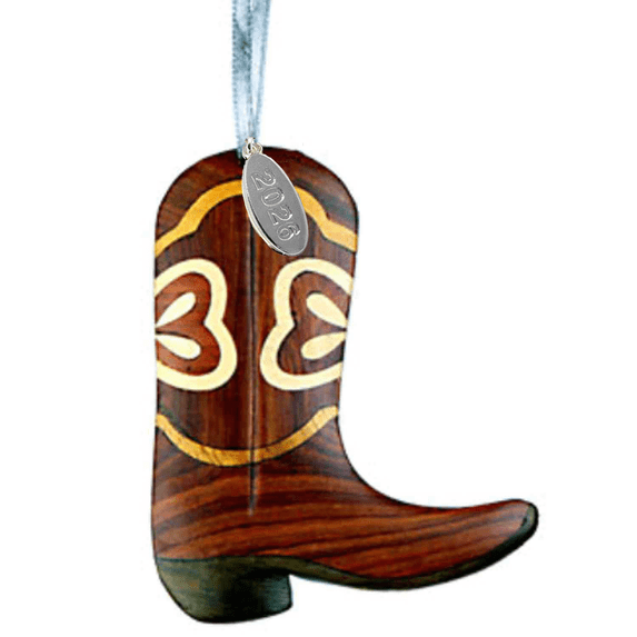 Cowboy Boot Ornament - Two-Tone Wood Intarsia Handcrafted Design