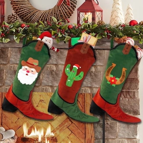Cowboy Boot Stockings Western Christmas Decor Xmas Stocking Set Cowgirl Gift Holiday Wall Mantel Fireplace Hanging Stockings Christmas Stocking Stuffers Set of 3$$Home Decor, Kitchen, & Other