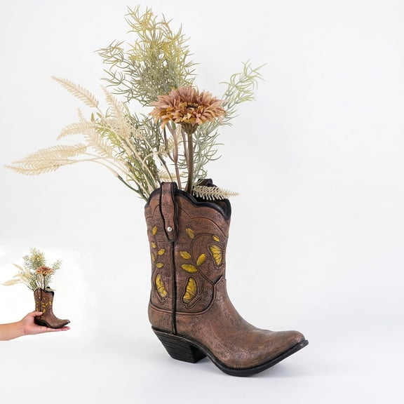 Cowboy Boot Vase for Flowers, Rustic Western Planter Decor, Cowgirl Boot Vase for Centerpiece, Decorative Western Cowboy Modern Dcor for Office, Weddings, and Rustic-Themed Events (Brown)