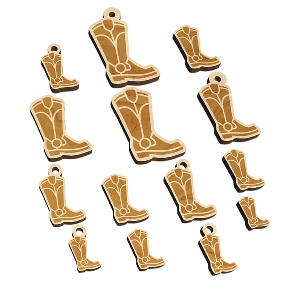 Cowboy Boot Western Wood Mini Charms Shapes DIY Craft Jewelry - No Hole - Various Sizes (16pcs)