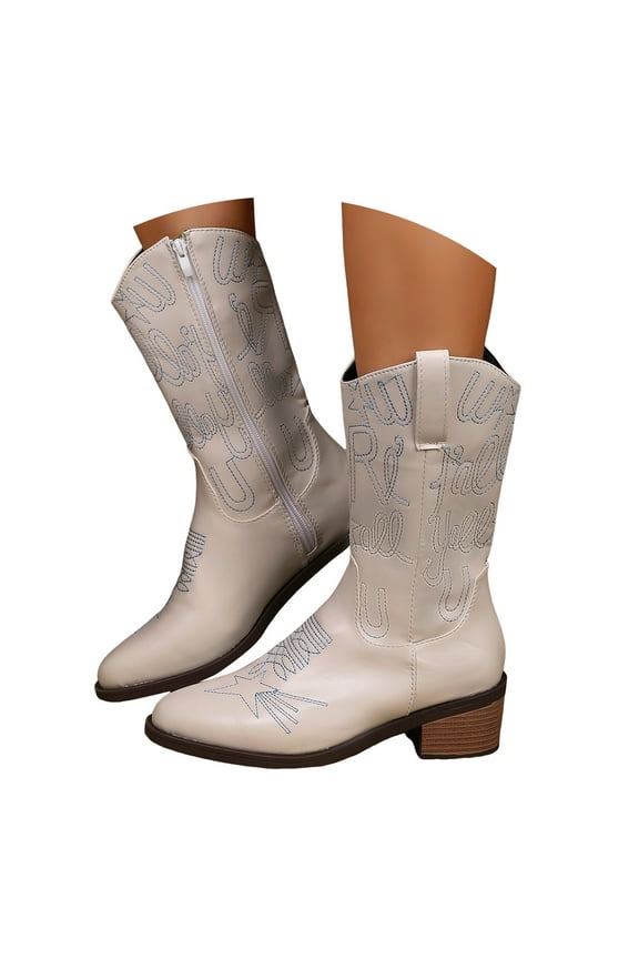 Cowboy Boot for Women Western Cowgirl Ankle Booties Wide Calf Winter Dress Slip on Country Shoes with Zipper