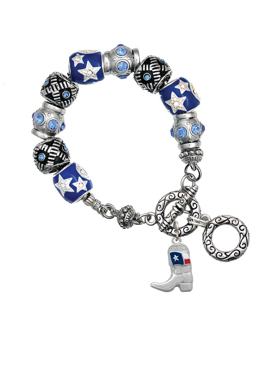 Cowboy Boot with Texas Flag Blue Moon Bead Charm Bracelet