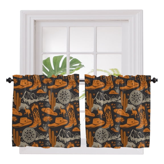 Cowboy Boots 2 Panel Kitchen Curtains for Small Windows, Western Mountains Cacti Hats Desert Vintage Bathroom Tier Curtain, Short Window Treatment for Bedroom/Living Room 55"x24"