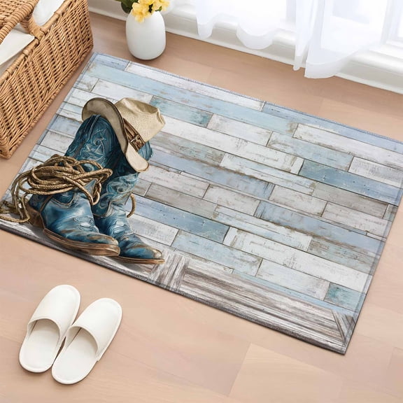 Cowboy Boots 2'x3' Rug for Entryway Front Door Kitchen Sink Area, Western Cowboy Hat Ropes Boots Blue Wood Grain Low Pile Non Slip Rectangle Area Rug, Machine Washable Indoor Outdoor Mat