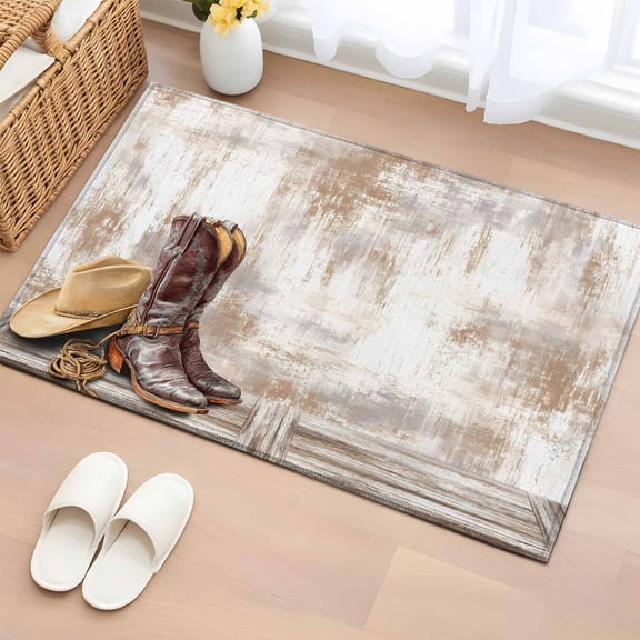 Cowboy Boots 2'x3' Rug for Entryway Front Door Kitchen Sink Area, Western Cowboy Hat Ropes Boots Gradient Brown Low Pile Non Slip Rectangle Area Rug, Machine Washable Indoor Outdoor Mat