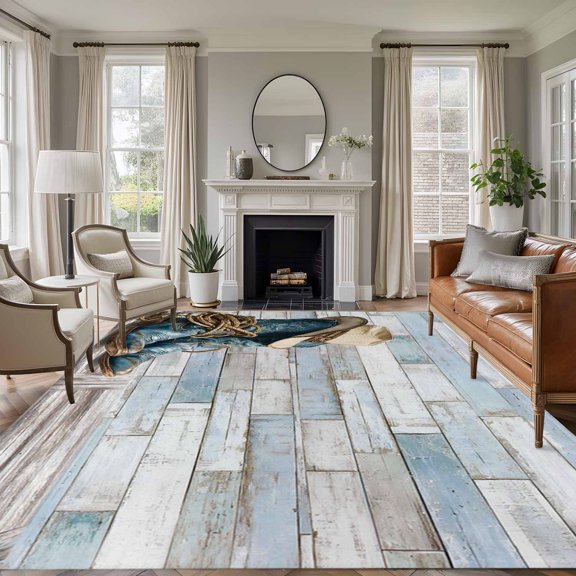 Cowboy Boots 8'x10' Large Area Rug for Living Room Sectional Sofa, Western Cowboy Hat Ropes Boots Blue Wood Grain Non Slip Low Pile Rectangle Area Rug, Machine Washable Indoor Outdoor Mat