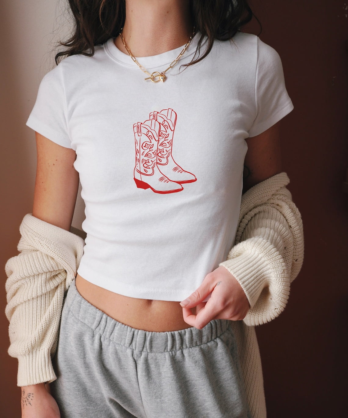 Cowboy Boots Baby Tee, Y2k Baby Tee, Downtown Girl aesthetic, 90s Baby