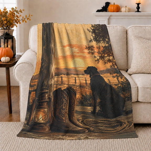 Cowboy Boots and Dog at Barn Sunset, Warm Ranch Style for Dog Lovers, Rustic Field Scene and Housewarming Gift, Cozy Flannel Blanket for Sofa and Cabin, Western Home Decor