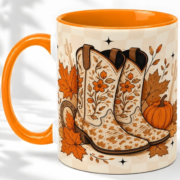 Cowboy Boots Fall 11oz Accent Mug, Ceramic Coffee Cup for Western Fans Glossy ceramic mug with double-sided fall cowboy boots artwork for daily coffee or tea