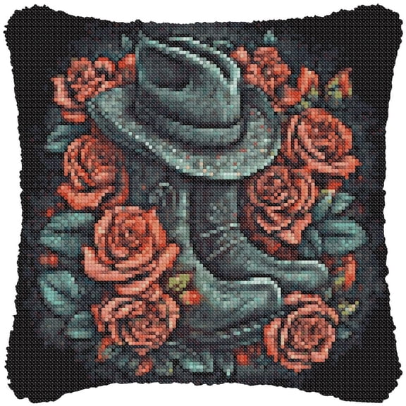Cowboy Boots & Flowers Cross-Stitch Pillow DIY Kit Fully Openable Zipper Design Pillowcase 11CT Counted Needlepoint Handmade Cushion Pre-Printed Pattern Eco-friendly Cotton and Linen 45x45cm