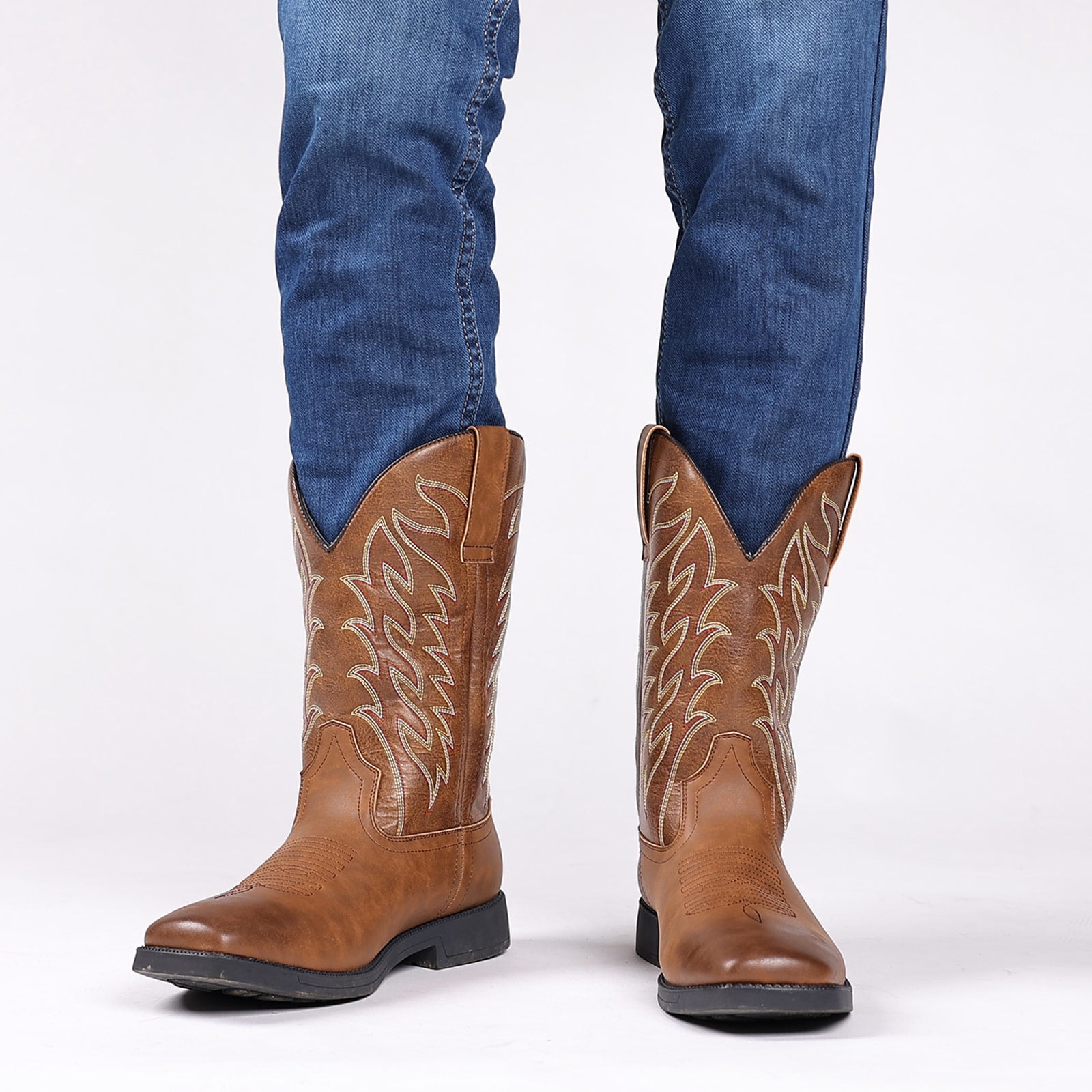 REDBOSS Women's Cowboy Boots - Wide Square Toe, Full-Grain Leather, Embroidered Pull-On Western Boots
