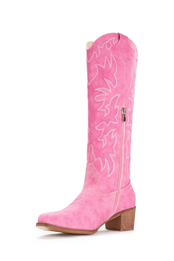 Cowboy Boots For Women Knee High Western Cowgirl Boots Snip Toe Side Zipper Chunky Heel