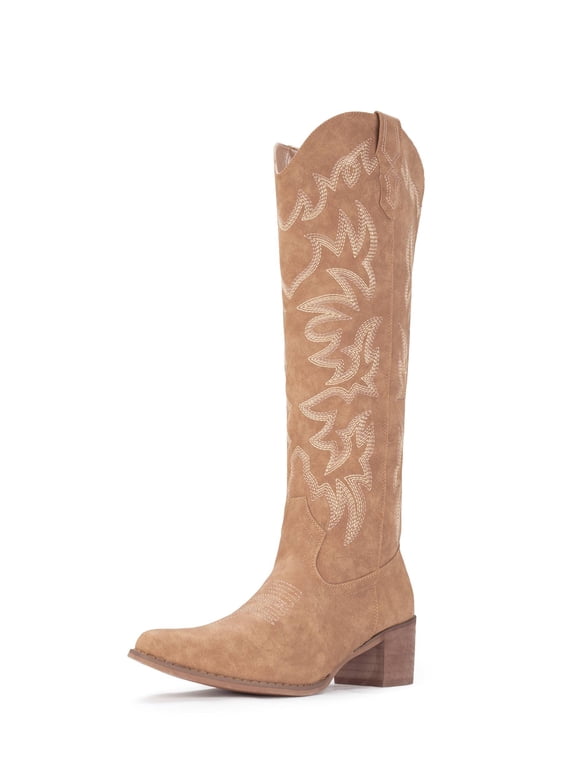 Cowboy Boots For Women Knee High Western Cowgirl Boots Snip Toe Side Zipper Chunky Heel