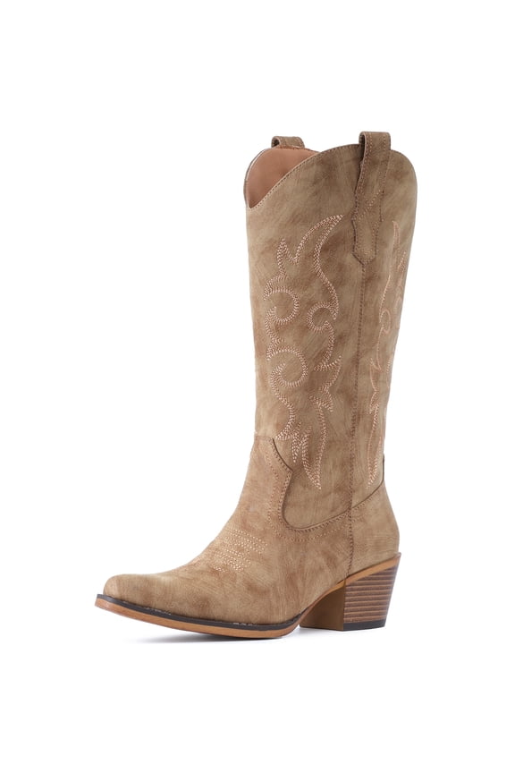 Cowboy Boots For Women Western Cowgirl Boots Mid Calf Snip Toe Boot With Chunky Heel