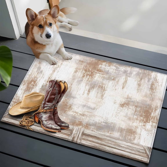 Cowboy Boots Front Door Rugs 2x3 ft Western Cowboy Hat Ropes Boots Gradient Brown Small Rug for Entryway Non Slip Washable Bathroom Door Mat Absorbent Floor Mat for Indoor Entrance