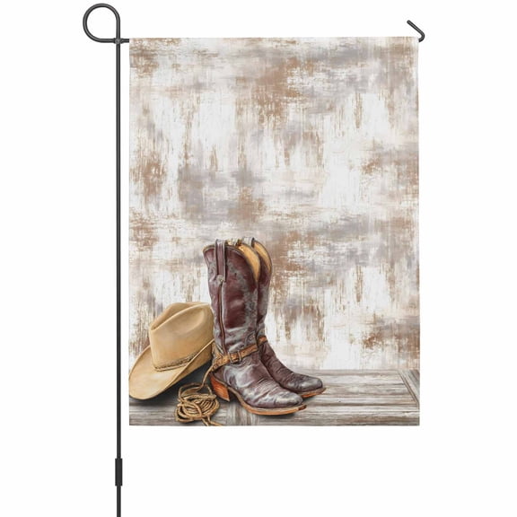 Cowboy Boots Garden Flag 12 x 18 Inches, Western Cowboy Hat Ropes Boots Gradient Brown Weather Proof Outdoor Patio Flags Double Sided Small Garden Decoration for Yard Outside Home
