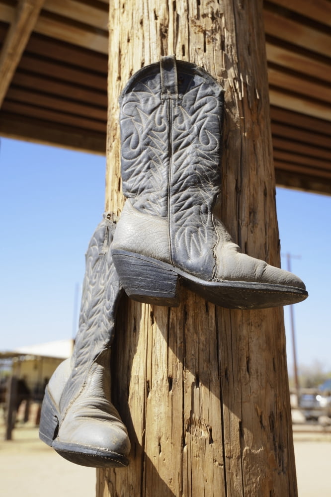 Cowboy Boots Hanging From A Post At A Riding RanchArizona Usa Canvas Art - Peter Carroll Design Pics (24 x 38)