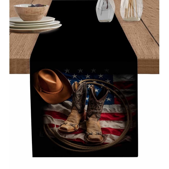 Cowboy Boots Hat Burlap Cotton Table Runner 13x36 Inches Short, American Flag Vintage Artwork Farmhouse Table Runners, Outdoor Dining Tablecloths Decor for Baby Shower/Party/Wedding