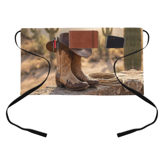 Cowboy Boots Hat Kitchen Restaurant Half Waist Apron, Western Rope Cacti Vintage Abstract Server Short Apron with 3 Pockets Waterproof Oil Waist Aprons for Women Waitress Waiter