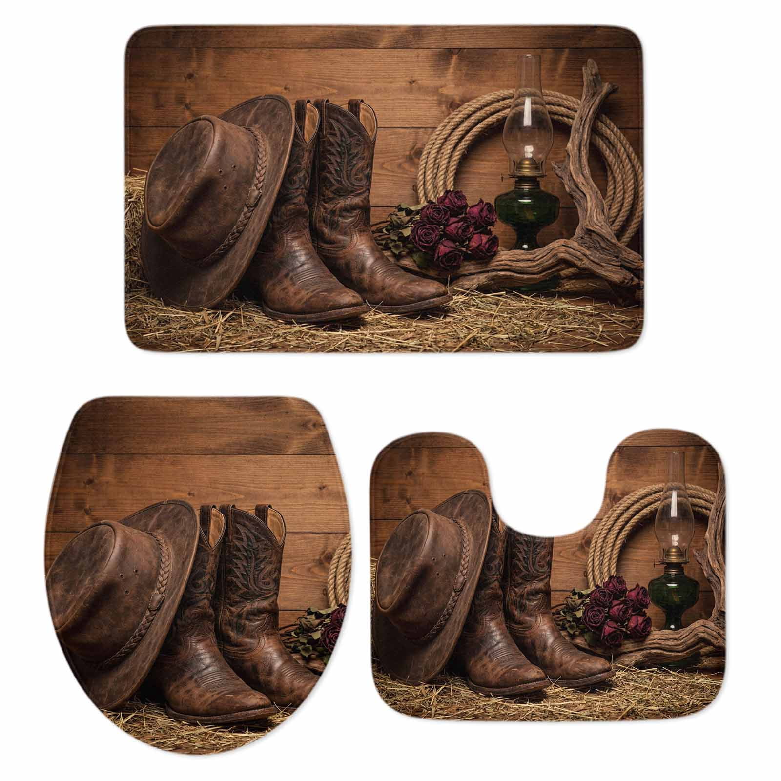 Cowboy Boots Hats Bathroom Rugs Set Red Rose Retro Farmhouses Wood ...