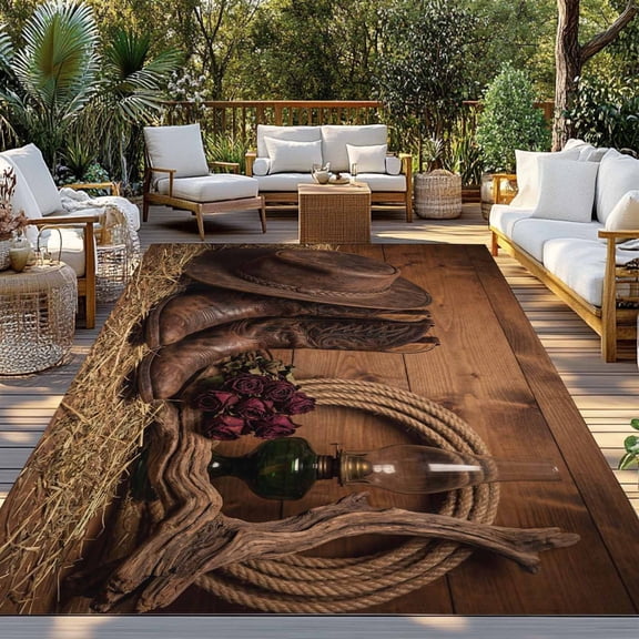 Cowboy Boots Hats Indoor Outdoor Rugs 3x5 Ft, Red Rose Retro Farmhouses Wood Western Outdoor Patio Rugs Mat Washable Outside Area Rugs Carpet for Porch Deck RV Camping Pool Balcony Backyard