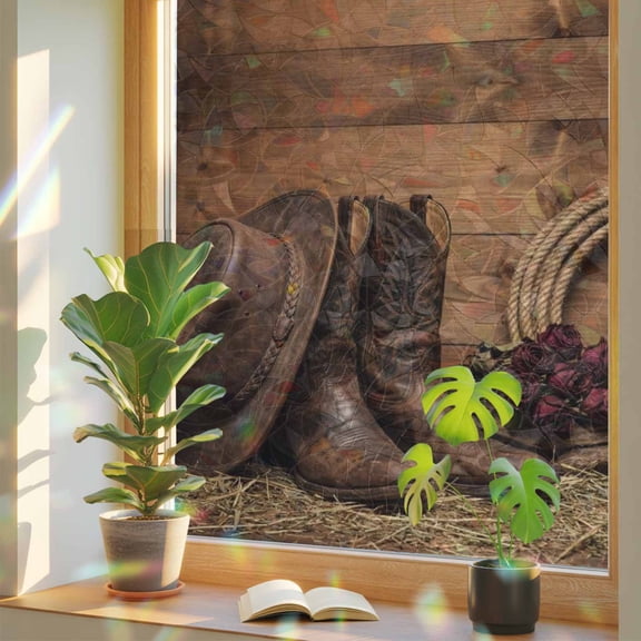 Cowboy Boots Hats Window Privacy Film, Red Rose Retro Farmhouses Wood Western Stained Glass Rainbow Film Decorative Window Clings, Static Cling Sun Blocking Stickers 17.7" x 39.3"