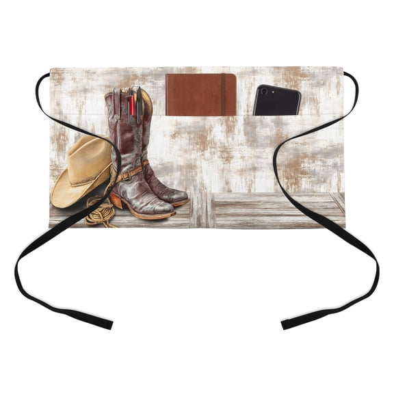 Cowboy Boots Kitchen Restaurant Half Waist Apron, Western Cowboy Hat Ropes Boots Gradient Brown Server Short Apron with 3 Pockets Waterproof Oil Waist Aprons for Women Waitress Waiter