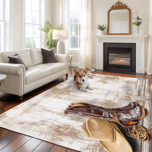 Cowboy Boots Large Area Rugs 5x8 ft Western Cowboy Hat Ropes Boots Gradient Brown Washable Rug Non Slip Indoor Carpet Absorbent Floor Mat for Living Room Bedroom Dining Room