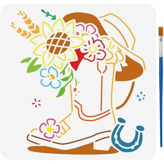 Cowboy Boots Pattern Stencil for Painting 11.8x11.8 inch Hollowed Western Cowboy Boot Template with Brush Sunflower Stencil Reusable Horseshoe Flowers Hat Stencil Western Theme Template
