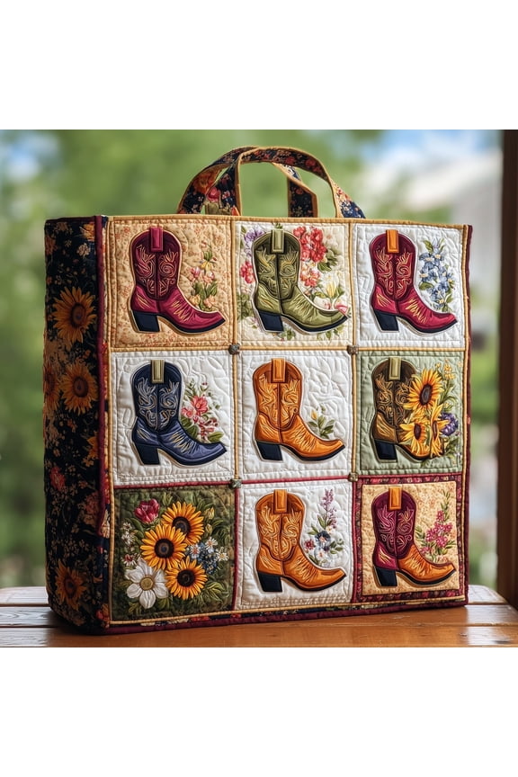 Cowboy Boots Quilted Tote Bag, Western Floral Pattern Shoulder Tote, Country Style Travel Shopper