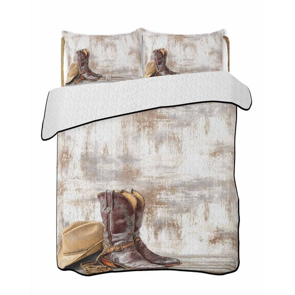 Cowboy Boots Quilts Bedding Set California King Western Cowboy Hat Ropes Boots Gradient Brown Lightweight Quilted Bedspread 3 Piece Bed Quilt with 2 Pillow Shams All Season for Bedroom 96" x 106"