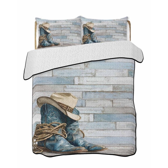 Cowboy Boots Quilts Bedding Set King Size Western Cowboy Hat Ropes Boots Blue Wood Grain Lightweight Quilted Bedspread 3 Piece Bed Quilt with 2 Pillow Shams All Season for Bedroom 90" x 96"