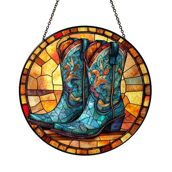 Cowboy Boots Stained Glass Window Panel – Decorative Window Accent