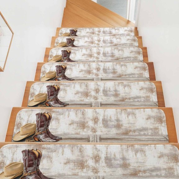 Cowboy Boots Stair Treads Non Slip for Steps Western Cowboy Hat Ropes Boots Gradient Brown 15 Pcs Reusable Adhesive Stair Runner Mats for Dogs Elders Carpet Treads Rugs for Staircase 8x30 In
