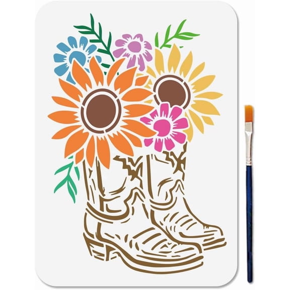 Cowboy Boots Stencil Western Cowboy Theme Stencils for Painting 11.78.3inch Vintage Sunflower Leaves Art Craft Templates with Paint Brush for Window Wood Wall Home Gift Decor Making DIY
