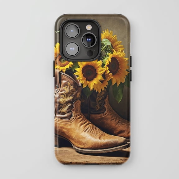 Cowboy Boots Sunflower Tough Phone Case For All iPhone Series Protective Phone Case Country Western Yellow Brown