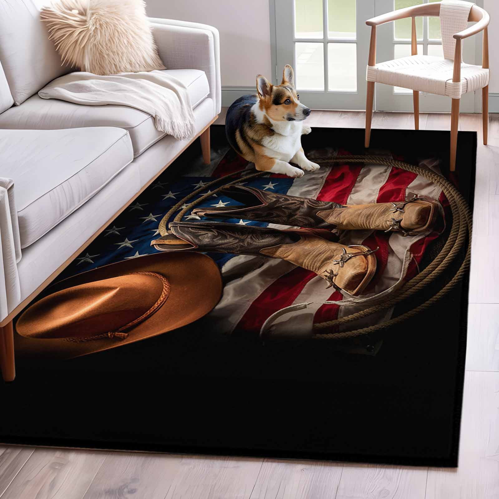 Cowboy Boots Washable Area Rug 4 x 6 ft American Flag Cowboy Hat, Soft ...