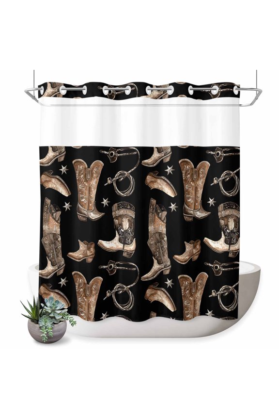 Cowboy Boots Watercolor Style No Hook Shower Curtain Vintage Western Desert Shower Curtain with See Through Top Window, Waterproof Washable Fabric Curtain for Bathroom Hotel Decor, 72Wx72L