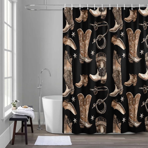 Cowboy Boots Watercolor Style Shower Curtain for Bathroom Decor, Vintage Western Desert Waterproof Fabric Shower Curtain, 60"x72" Set with 12 Hooks