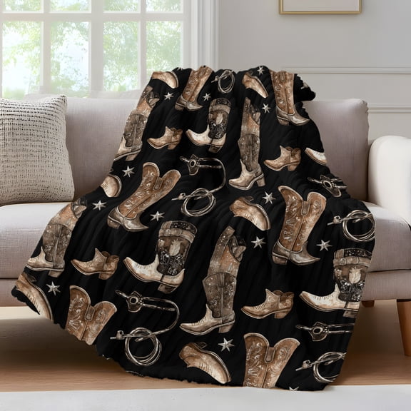 Cowboy Boots Watercolor Style Throw Blanket for Couch Vintage Western Desert Soft and Warm Flannel 3D Striped Fluffy Fuzzy Fleece Blanket Lightweight Throw for Bed, Sofa 30 x 40 Inches