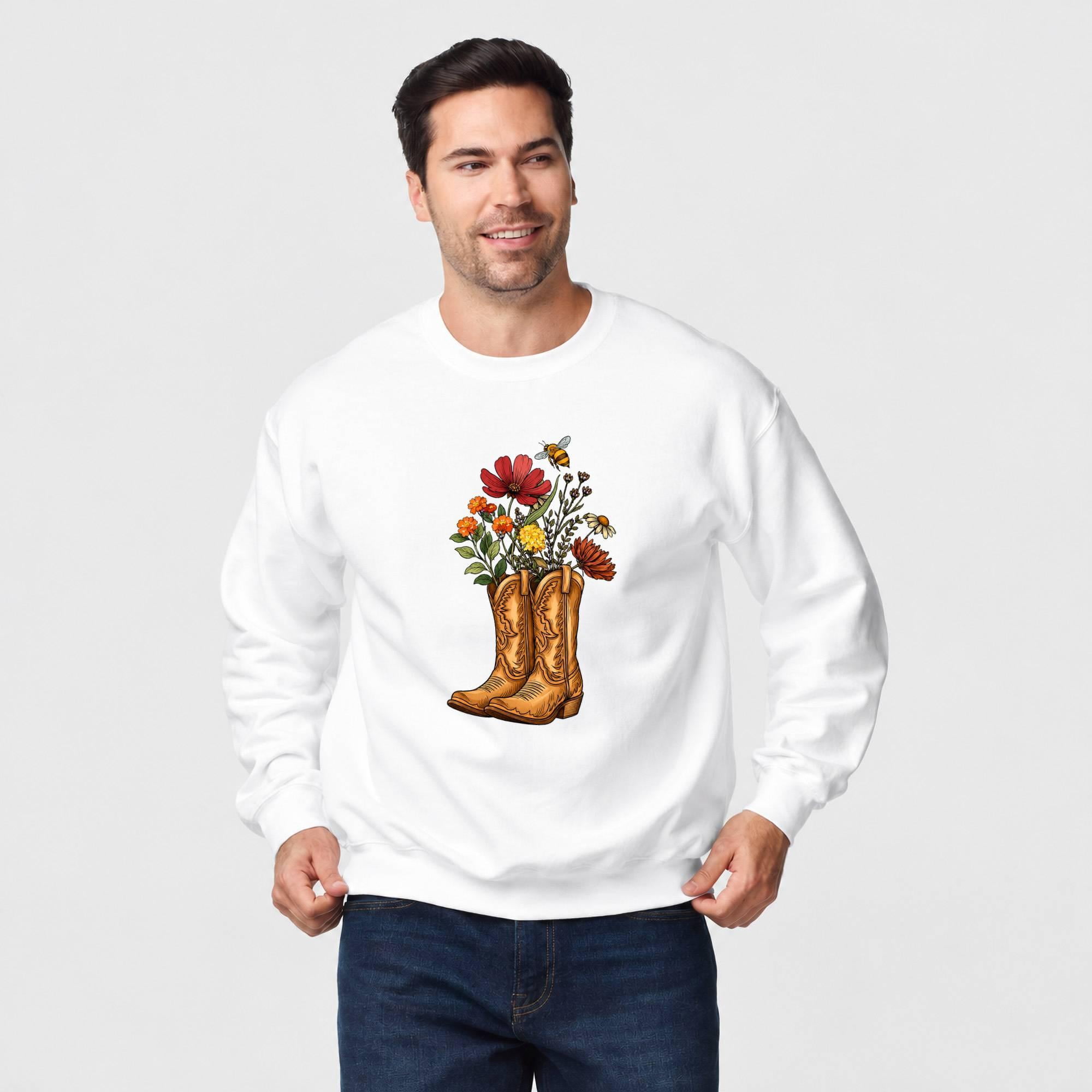 Bee Left Cowboy Boots, Wildflowers, Bee and Butterfly Left-Chest Crewneck ...