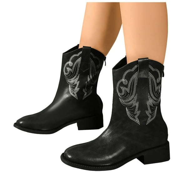 Cowboy Boots for Women Classic Embroidered Leather Round Toe Wide Mid Calf Cowgirl Boots Casual Winter Fall Slip on Riding Short Booties with Back Zipper