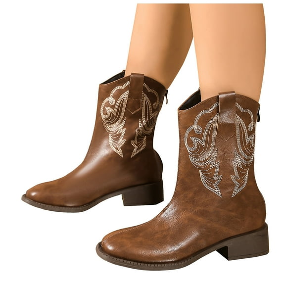 Cowboy Boots Women Square Toe Cowgirl Western Booties Chunky Low Heel Wide Calf Ladies Leather Slip on Dress Shoes