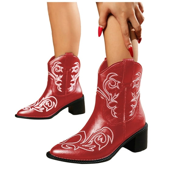 Cowboy Boots Women Square Toe Cowgirl Western Booties Chunky Low Heel Wide Calf Ladies Leather Slip on Dress Shoes